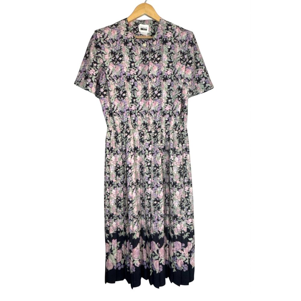 Vintage 90s Structured Pleated Floral Midi Dress Black Pink Women 16W Retro